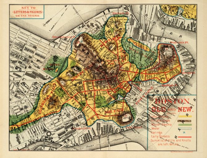A map of the shoreline and features of the Shawmut peninsula around 1630, overlaid on an 1880 map of Boston.
