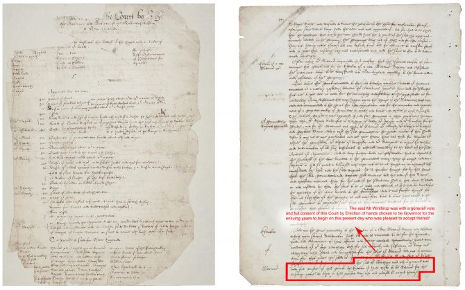 Two pages from the Court booke. (Above left) a list of provisions purchased for the colonists’ voyage to New England. (Above right) a record of John Winthrop’s first election to the governorship of the Massachusetts Bay Colony on Oct. 20th, 1629. (MS f Am. 2176) Click here to view the bibliographic record and to access the digitized copy.
