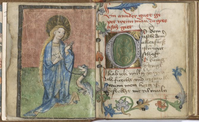 The style and manner of decoration in this late 15th-century German book of hours suggests a less bespoke approach to decoration and overall production. Here, St. Margaret with a dragon at the beginning of the Hours of the Virgin.