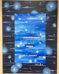 This is a piece of artwork with a poem pasted on top from cut up pieces of text. The poem reads, "The High Priestess