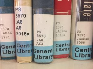 A shelf of five books with the call number PS 3570