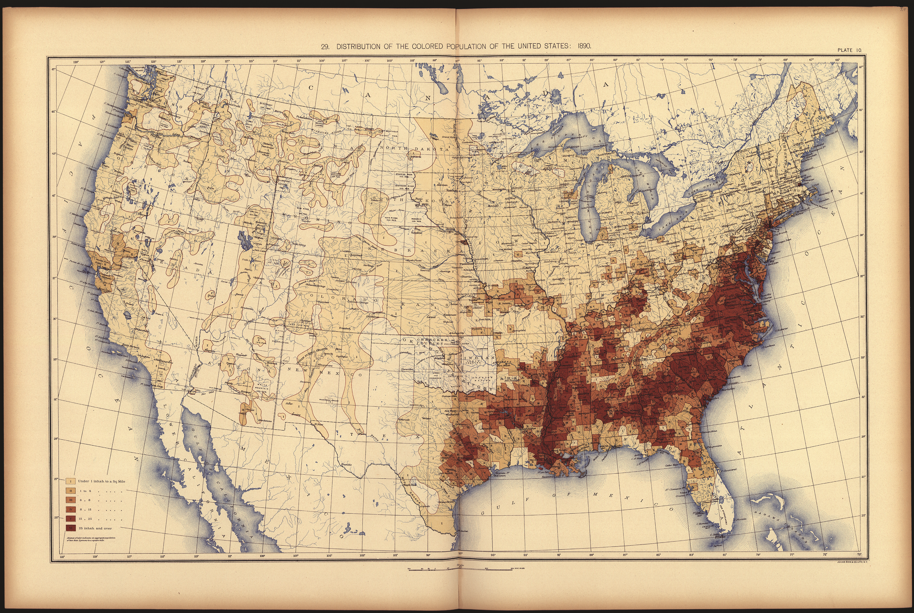 Map of the United States, mostly light beige. From eastern Texas through northern Florida and up to New York City runs a dark brown band of counties, surrounded by areas of lighter browns.