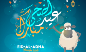 A lamb writing Eid-Al-Adha Mubarak in Arabic and English
