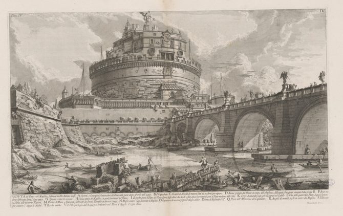 View of the bridge and mausoleum built by the Emperor Hadrian, print by Giovanni Battista Piranesi