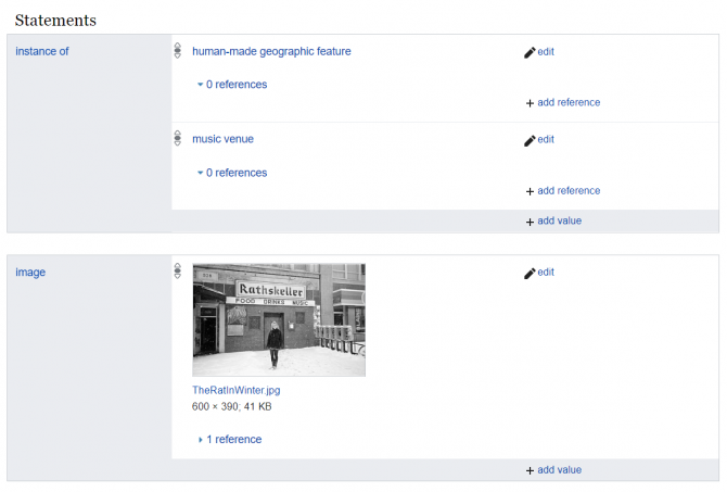 Screenshot of Wikidata statements about the Rathskeller. The first two statements, both using the property “instance of”, point to two other Wikidata items, “human-made geographic feature” and “music venue”. The third statement uses the property "image" and shows a thumbnail of a linked black-and-white photograph depicting a person standing in front of the Rat in winter.