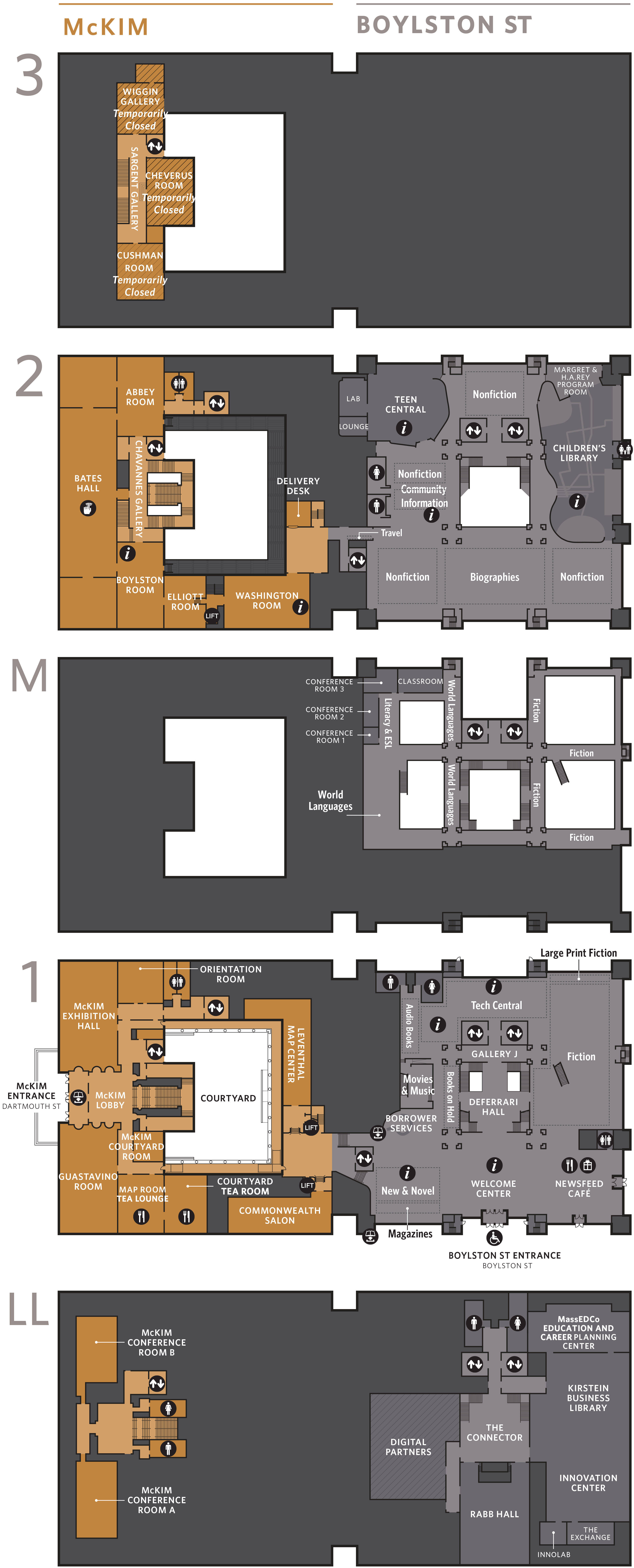 This map shows the lower level, the first floor, the second floor, and third floor of the Boylston Street and McKim Buildings. A more accessible PDF is linked in the page above.