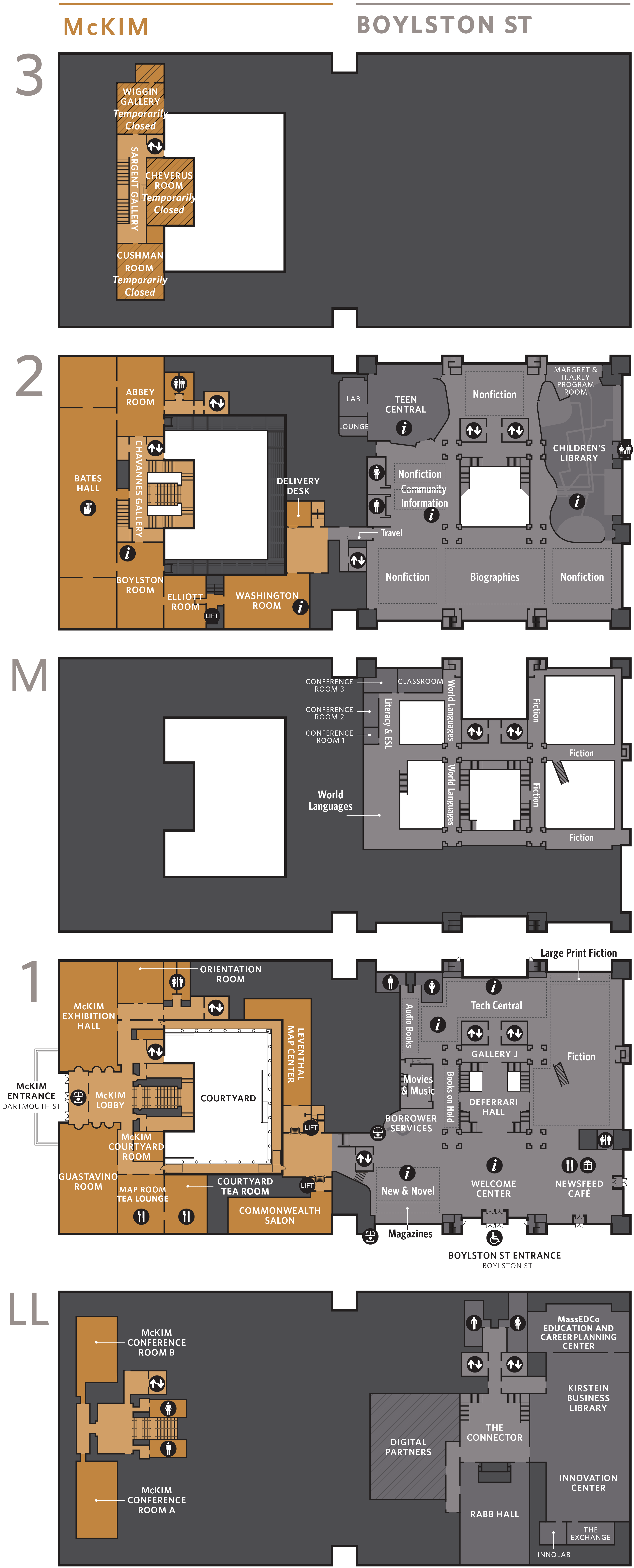 Central Floor plan November 2021 This map shows the lower level, the first floor, the second floor, and third floor of the Boylston Street and McKim Buildings. A more accessible PDF is linked in the page above.