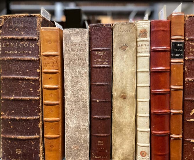 Row of leatherbound books.